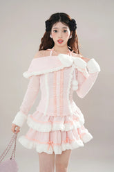 Pink Long Sleeves Ruffle Bowknot Lace Sweet Princess Lolita Tiered Top Skirt Set